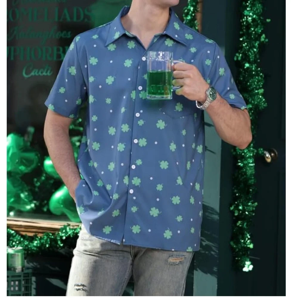 Men's Blue button up Shirt with Green Clovers & dots - Picture 7 of 8